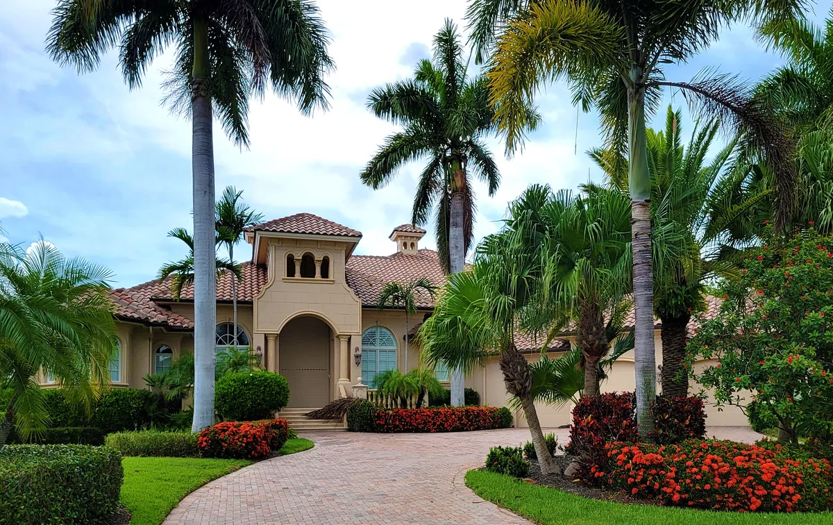 A landscaped modern property with mature palms